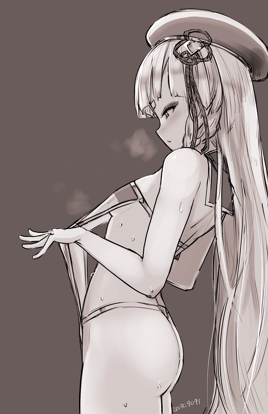 1girl ass bare_shoulders beret blunt_bangs blush braid breasts clothes_pull erune eyeliner granblue_fantasy greyscale hat highleg highleg_leotard highres leotard long_hair looking_down makeup monochrome nosuku parted_lips pholia short_eyebrows side_braids sideless_leotard sideless_outfit small_breasts solo sweat thighs very_long_hair
