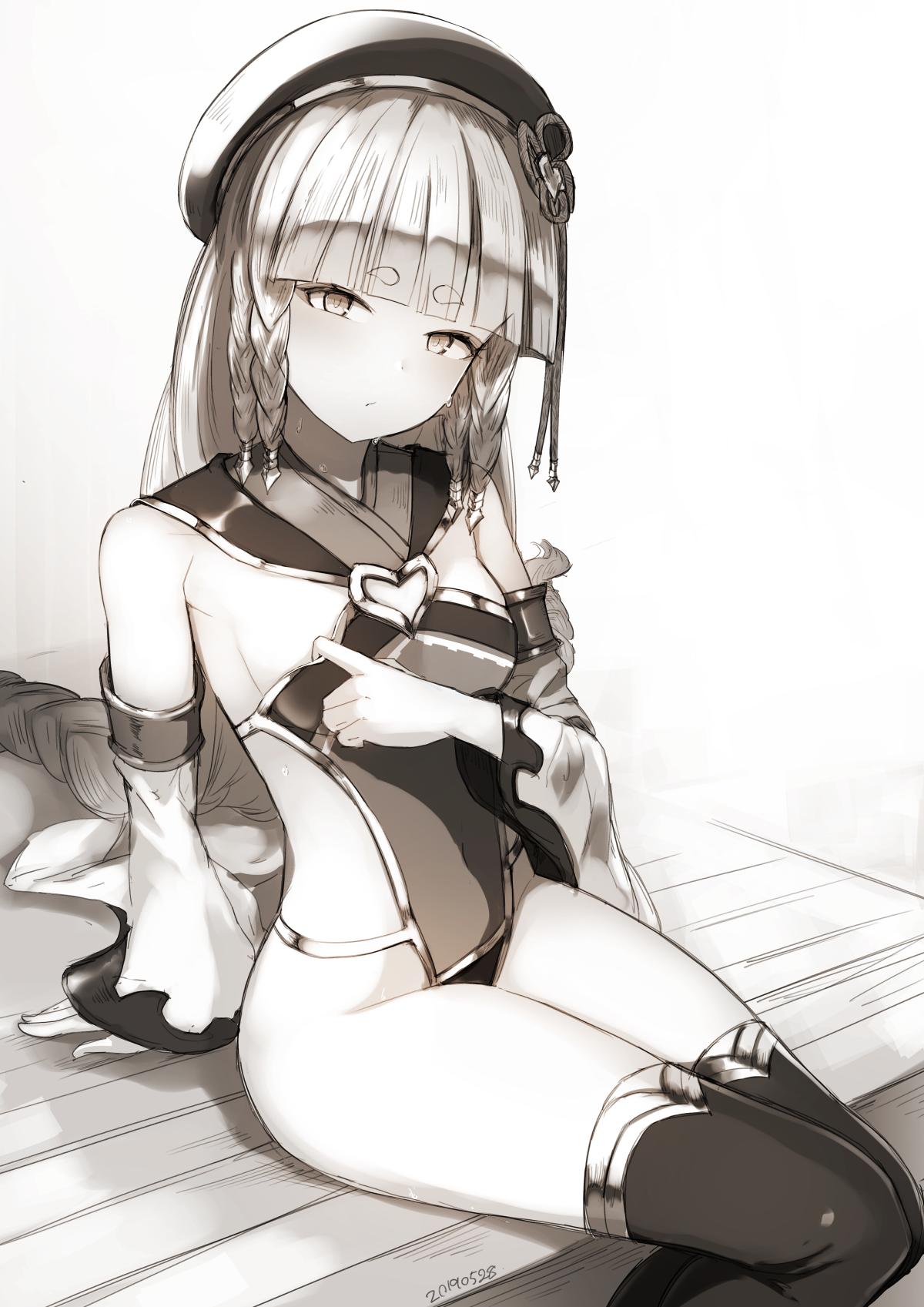 1girl armlet bare_shoulders beret blunt_bangs braid breasts covered_navel detached_sleeves erune eyeliner granblue_fantasy greyscale hat highleg highleg_leotard highres leotard long_hair looking_at_viewer makeup monochrome nosuku pholia short_eyebrows side_braids sideless_leotard sideless_outfit sitting small_breasts solo thighhighs thighs very_long_hair wide_sleeves