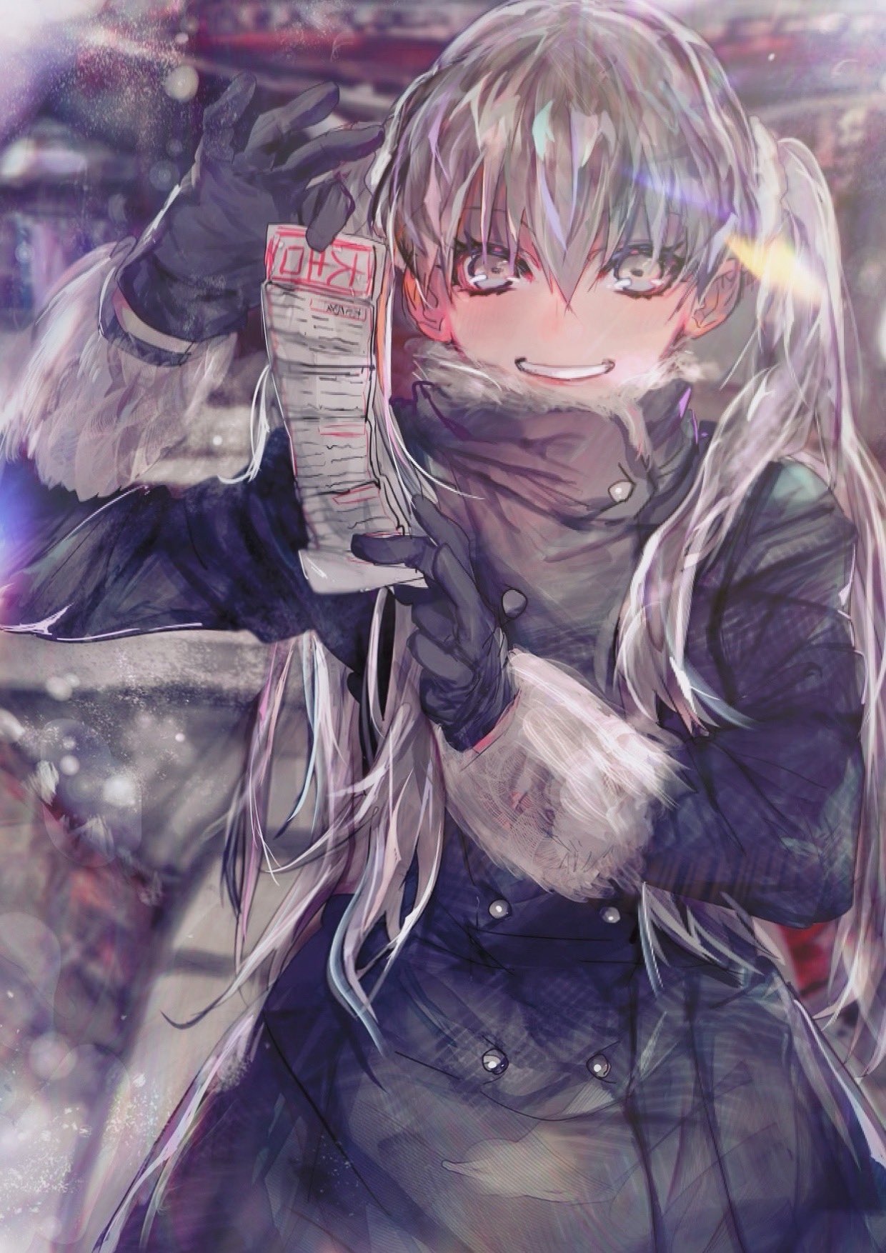 architecture black_coat black_gloves blurry blurry_background buttons coat cowboy_shot double-breasted east_asian_architecture eyelashes fur-trimmed_coat fur-trimmed_collar fur_trim gloves grey_eyes grey_hair grin hair_between_eyes hair_over_shoulder highres holding holding_paper light_rays long_coat long_hair monogatari_(series) oikura_sodachi omikuji owarimonogatari paper parted_lips scrunchie smile sunbeam sunlight tbrsnsk temple translated twintails very_long_hair white_scrunchie winter_clothes