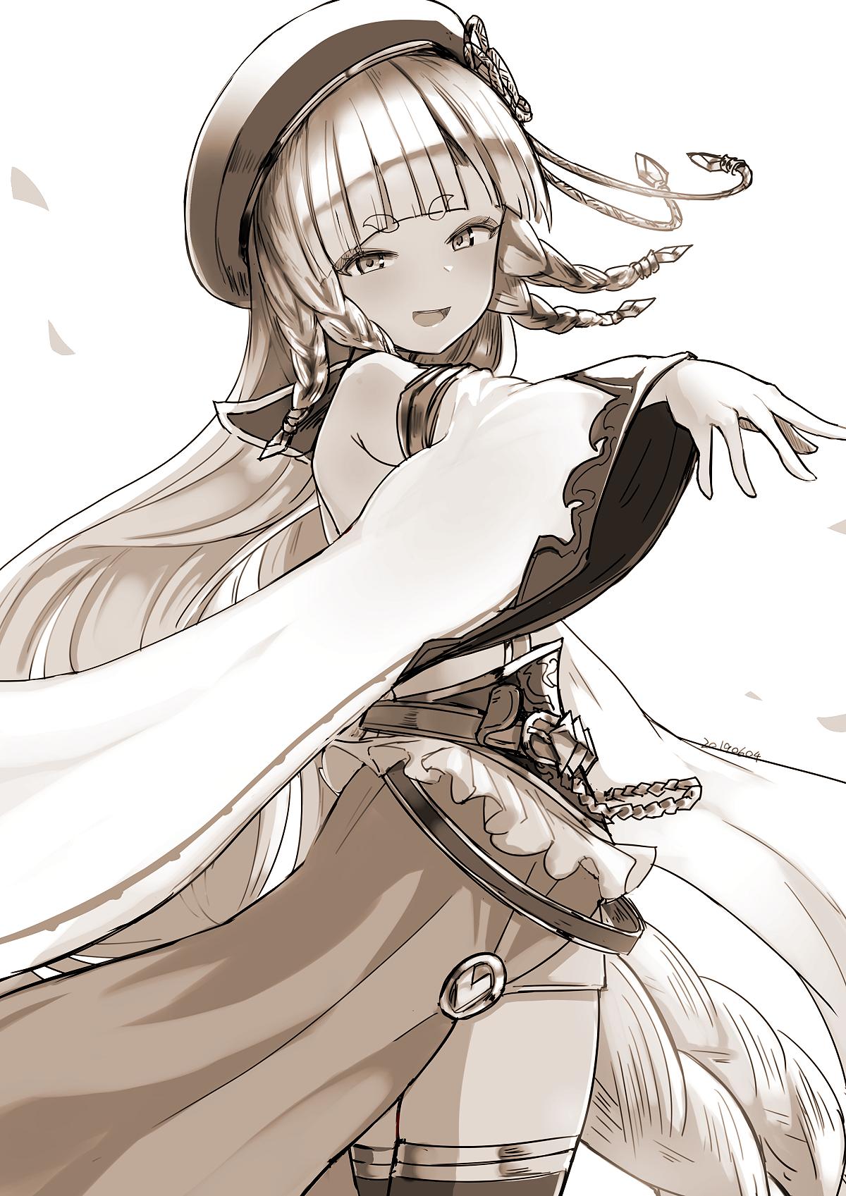1girl animal_ears armlet bare_shoulders belt beret blunt_bangs blush braid breasts detached_sleeves dress erune eyeliner granblue_fantasy greyscale hat highres long_hair looking_at_viewer makeup monochrome nosuku open_mouth outstretched_arm pholia short_eyebrows showgirl_skirt side_braids small_breasts smile solo thighhighs thighs very_long_hair wide_sleeves