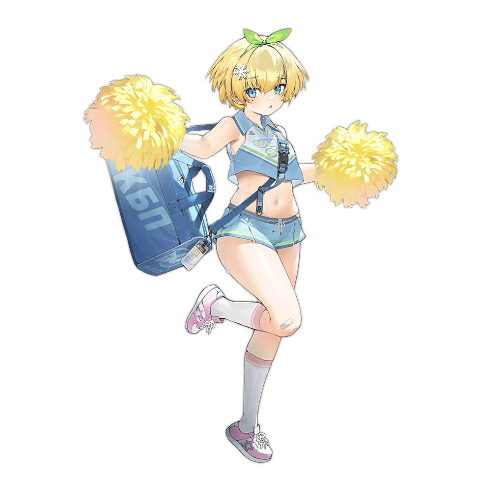 1girl aged_down bag bandaid bandaid_on_knee bandaid_on_leg blonde_hair blue_bag blue_eyes blue_shirt blue_shorts blush cheerleader collared_shirt duffel_bag full_body girls'_frontline green_hairband hair_ornament hairband holding holding_pom_poms id_card looking_at_viewer micro_shorts midriff mole mole_under_eye navel official_alternate_costume official_art open_mouth pink_footwear pom_pom_(cheerleading) shirt shoes short_hair shorts simple_background siqi_(miharuu) sleeveless sleeveless_shirt sneakers snowflake_hair_ornament socks solo standing standing_on_one_leg sweat third-party_source transparent_background vsk-94_(dance_like_the_blazing_sun)_(girls'_frontline) vsk-94_(girls'_frontline) white_socks