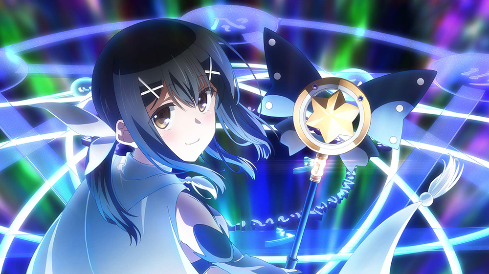 1girl black_hair brown_eyes cape closed_mouth detached_sleeves fate/kaleid_liner_prisma_illya fate_(series) hair_between_eyes hair_ornament hairclip holding kaleidostick light_blush light_smile long_hair long_sleeves looking_at_viewer magical_sapphire miyu_edelfelt official_art sidelocks smile solo star_(symbol) x_hair_ornament