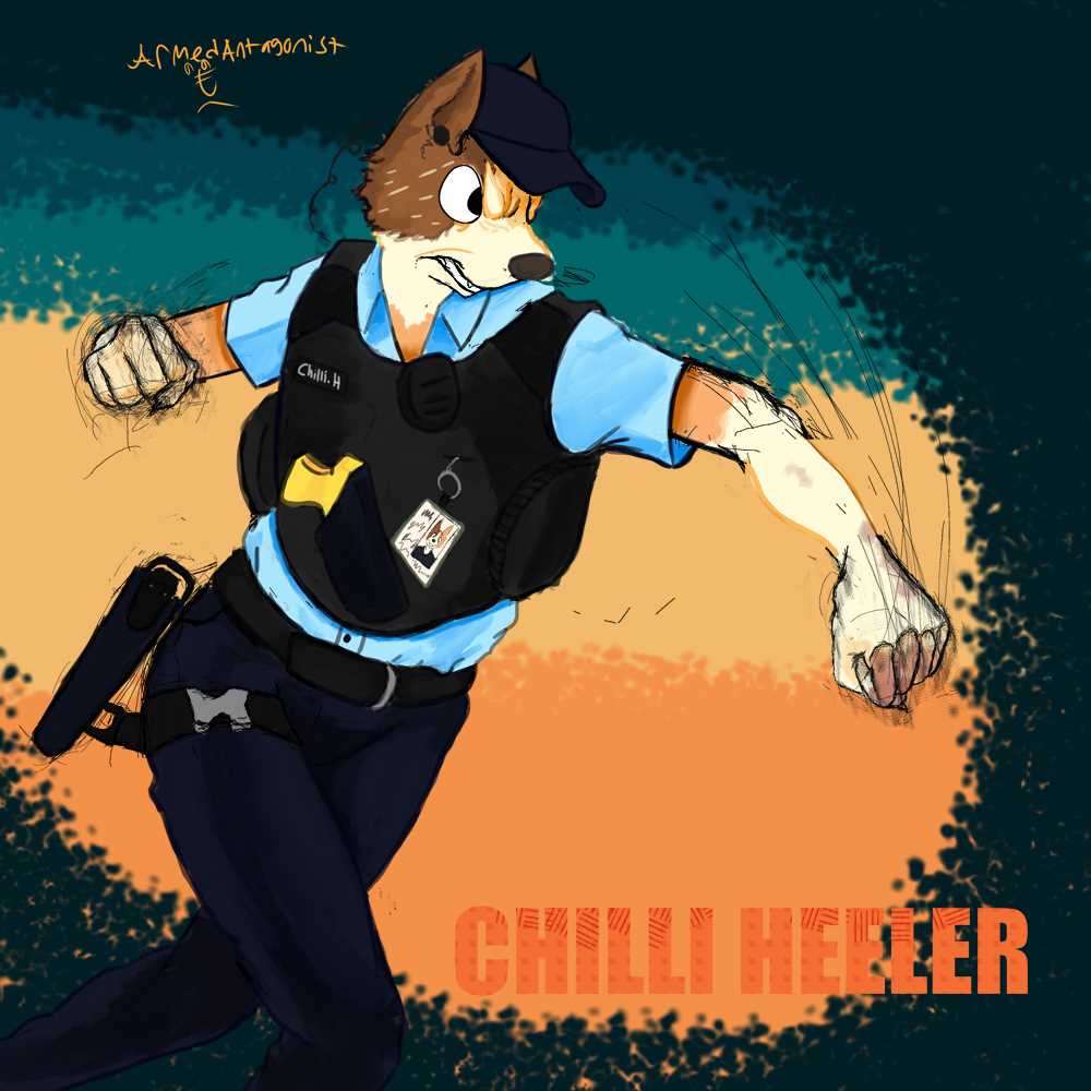 angry armedantagonist australian_cattle_dog battle belt blood bluey_(series) bodily_fluids canid canine canis card cattledog chilli_heeler clothing countershading domestic_dog earpiece electroshock_weapon female fist gun herding_dog holster humanoid mammal motion_lines pastoral_dog punch ranged_weapon snarling solo taser topwear uniform vest violence weapon