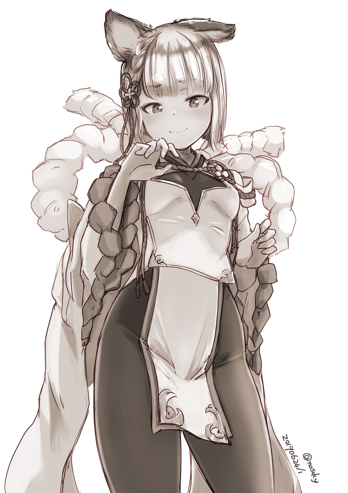 1girl animal_ears blush breasts dog_ears dog_girl dog_tail erune granblue_fantasy greyscale highres japanese_clothes kimono long_sleeves looking_at_viewer monochrome nosuku pantyhose pelvic_curtain rope short_hair small_breasts smile solo tail vajra_(granblue_fantasy) wide_sleeves