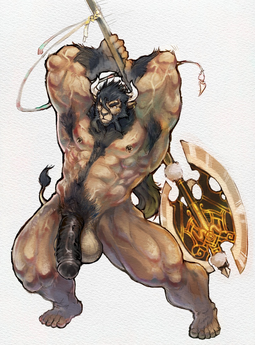 anthro axe balls battle_axe big_muscles flaccid genitals horn hybrid male mammal muscular penis pockyrumz solo