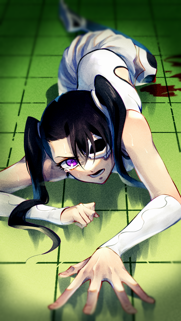 1girl arm_support bare_shoulders black_hair black_thighhighs bleach blood blurry commentary_request depth_of_field detached_sleeves foreshortening full_body hair_between_eyes hair_spread_out highres indoors loly_aivirrne long_hair lying miniskirt missing_limb on_floor on_side one_eye_covered open_mouth pleated_skirt purple_eyes shirt short_sleeves skirt sleeveless sleeveless_shirt solo soraao0322 tears thighhighs tile_floor tiles tsurime twintails white_shirt white_skirt zettai_ryouiki