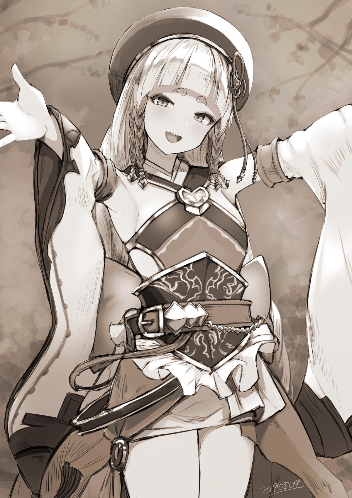 1girl armlet bare_shoulders belt beret blunt_bangs blush braid breasts detached_sleeves dress erune eyeliner granblue_fantasy greyscale hat highres long_hair looking_at_viewer makeup monochrome nosuku open_mouth outstretched_arms pholia short_eyebrows showgirl_skirt side_braids small_breasts smile solo thighs very_long_hair wide_sleeves