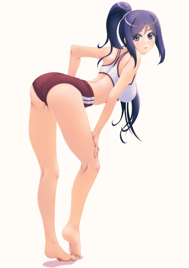 1girl arched_back ass back bare_legs barefoot blue_hair buruma closed_mouth double_vertical_stripe feet from_behind full_body hand_on_own_thigh heel_up jou_(circlemay) kneepits legs long_hair looking_at_viewer looking_back love_live! love_live!_sunshine!! matsuura_kanan ponytail purple_eyes red_buruma simple_background smile soles solo sports_bra standing toes white_background white_sports_bra