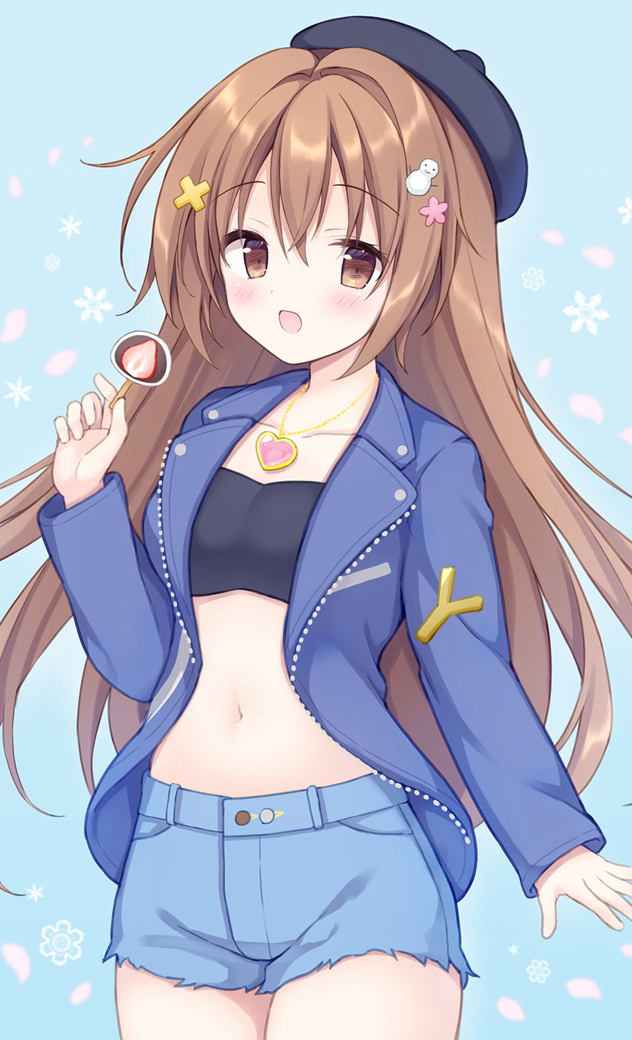 1girl beret black_headwear blue_background blue_jacket blue_shorts blush breasts brown_eyes brown_hair commission cowboy_shot daifuku denim denim_shorts flower food hair_between_eyes hair_flower hair_ornament hat heart heart_necklace highres holding ichigo_daifuku izuminanase jacket jewelry long_hair looking_at_viewer navel necklace open_clothes open_jacket original pink_flower short_shorts shorts skeb_commission small_breasts snowman_hair_ornament solo tilted_headwear very_long_hair wagashi x_hair_ornament