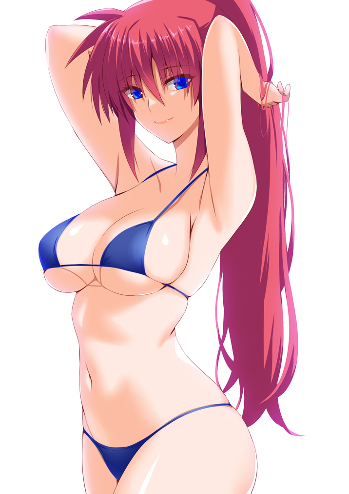 1girl armpits arms_up bikini blue_bikini breasts closed_mouth commentary engo_(aquawatery) halterneck hands_in_hair large_breasts long_hair looking_at_viewer lyrical_nanoha navel pink_hair ponytail signum simple_background smile solo string_bikini swimsuit white_background