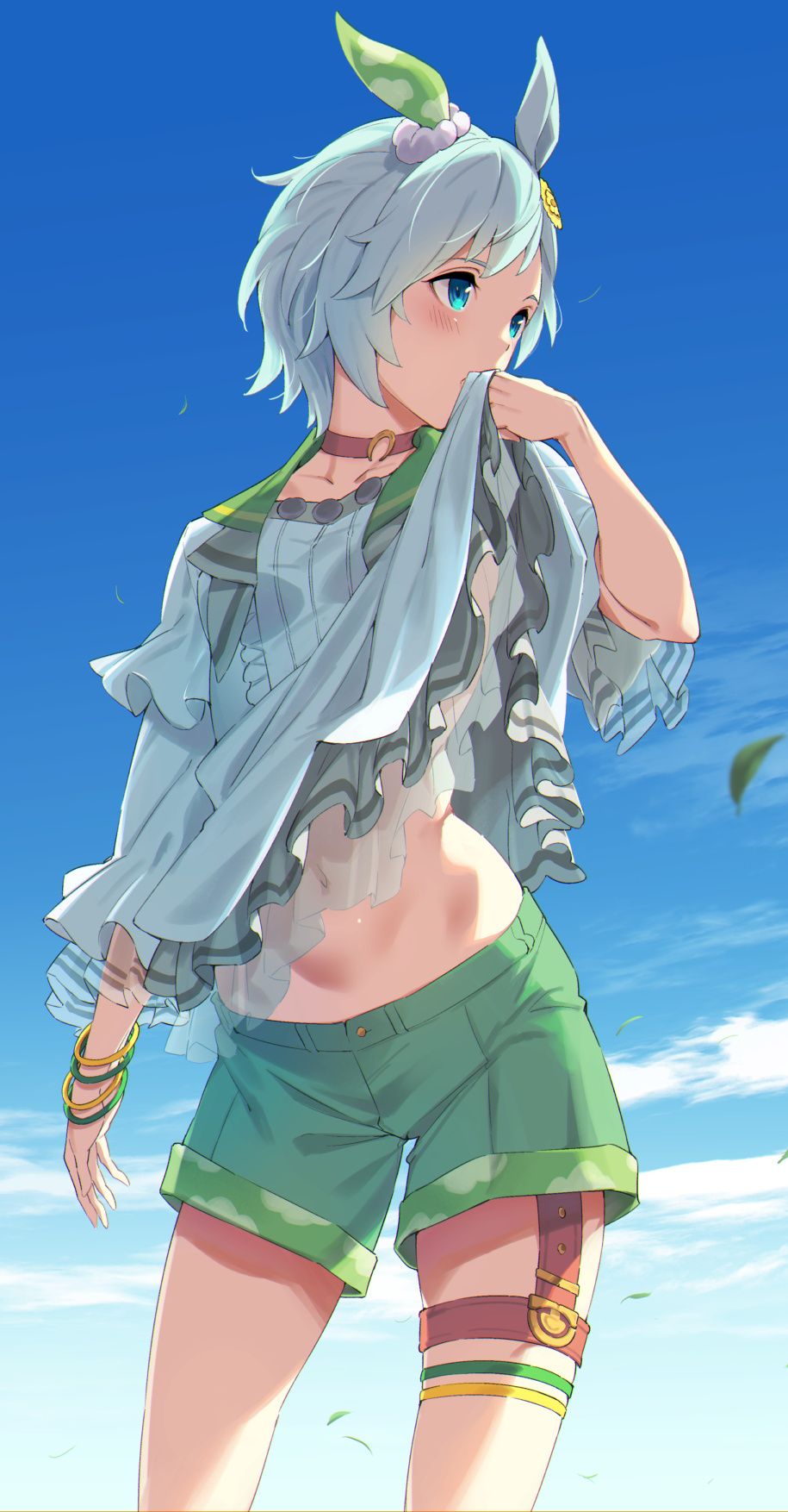 1girl animal_ears blue_eyes blue_hair blue_shirt blue_sky blush bracelet choker cloud commentary_request day green_shorts highres horse_ears horse_girl jewelry leg_garter lifted_by_self looking_to_the_side navel red_choker seiun_sky_(umamusume) shirt shirt_lift short_hair shorts sky solo standing stomach sugarbeat thighs umamusume