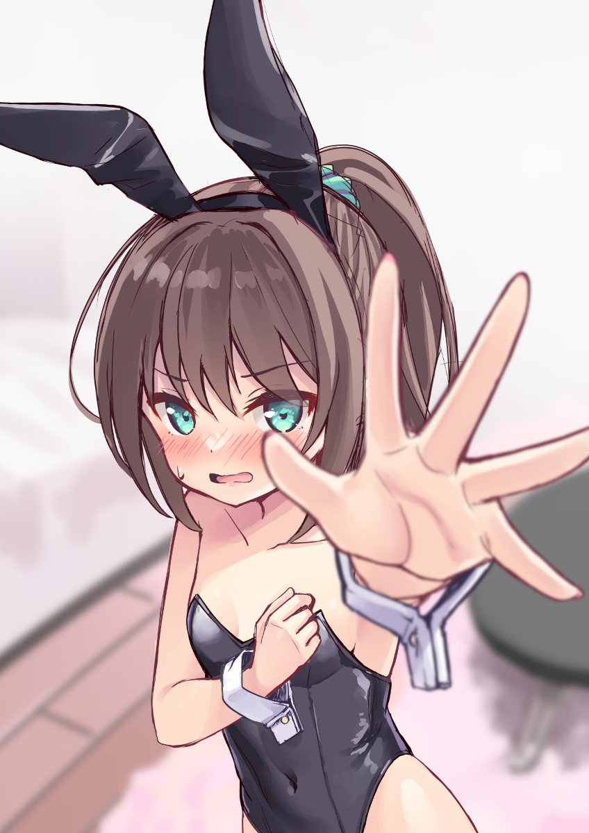 1girl animal_ears aqua_eyes arm_up bare_arms black_leotard blurry blurry_background blurry_foreground blush breasts brown_hair collarbone covered_navel embarrassed fake_animal_ears from_above hair_ornament hair_scrunchie hand_on_own_chest hand_up highres hololive indoors leotard looking_at_viewer looking_up natsuiro_matsuri nose_blush open_mouth outstretched_arm outstretched_hand playboy_bunny ponytail rabbit_ears scrunchie small_breasts solo sweatdrop tenjou_ryuka upper_body v-shaped_eyebrows virtual_youtuber wavy_mouth white_wrist_cuffs wooden_floor wrist_cuffs