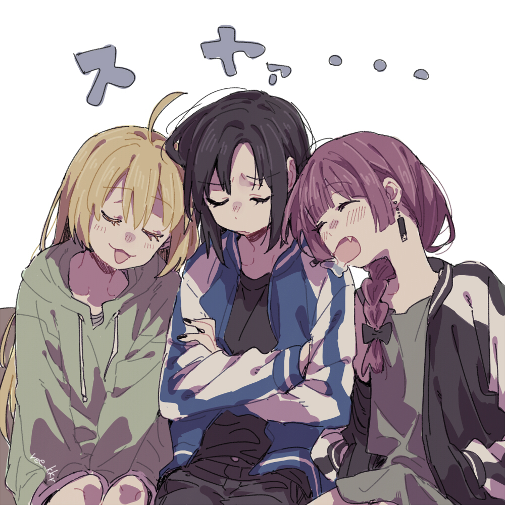 3girls ahoge black_hair black_nails blonde_hair bocchi_the_rock! braid character_request closed_eyes crossed_arms drooling ear_piercing fang green_hoodie head_on_another's_shoulder hiroi_kikuri hood hoodie multiple_girls piercing purple_hair ree_(re-19) saliva single_braid sleeping sleeping_on_person translation_request
