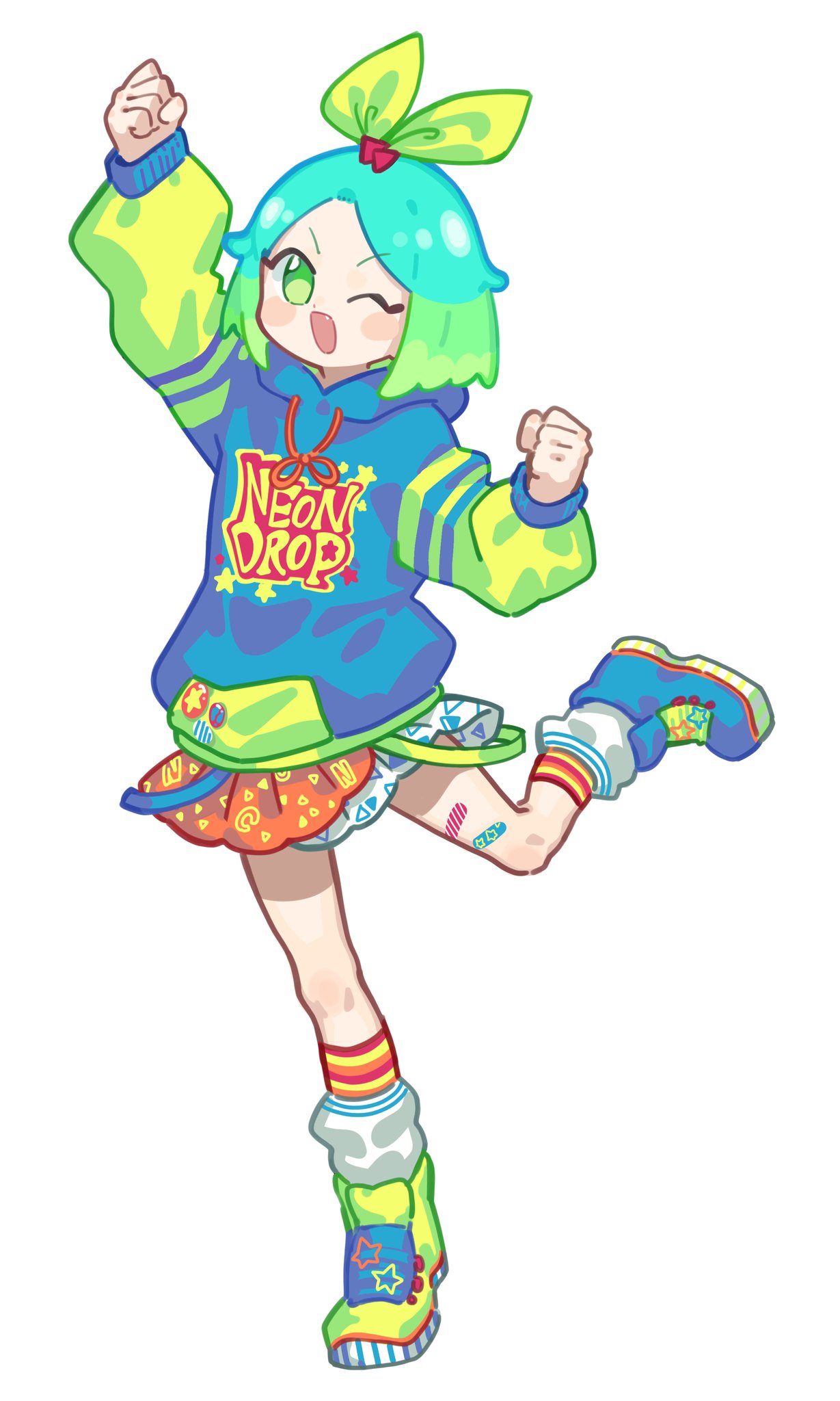 1girl ;d arm_up asymmetrical_footwear bandaid bandaid_on_leg blue_footwear blue_hair blue_hoodie bow fang fugota6509 full_body green_eyes green_hair hair_bow hand_up highres hood hoodie idol_time_pripara leg_up long_sleeves looking_at_viewer mismatched_footwear multicolored_hair nijiiro_nino one_eye_closed open_mouth outstretched_arm pretty_series pripara shoes short_hair simple_background smile sneakers socks solo standing standing_on_one_leg white_background white_socks yellow_bow yellow_footwear