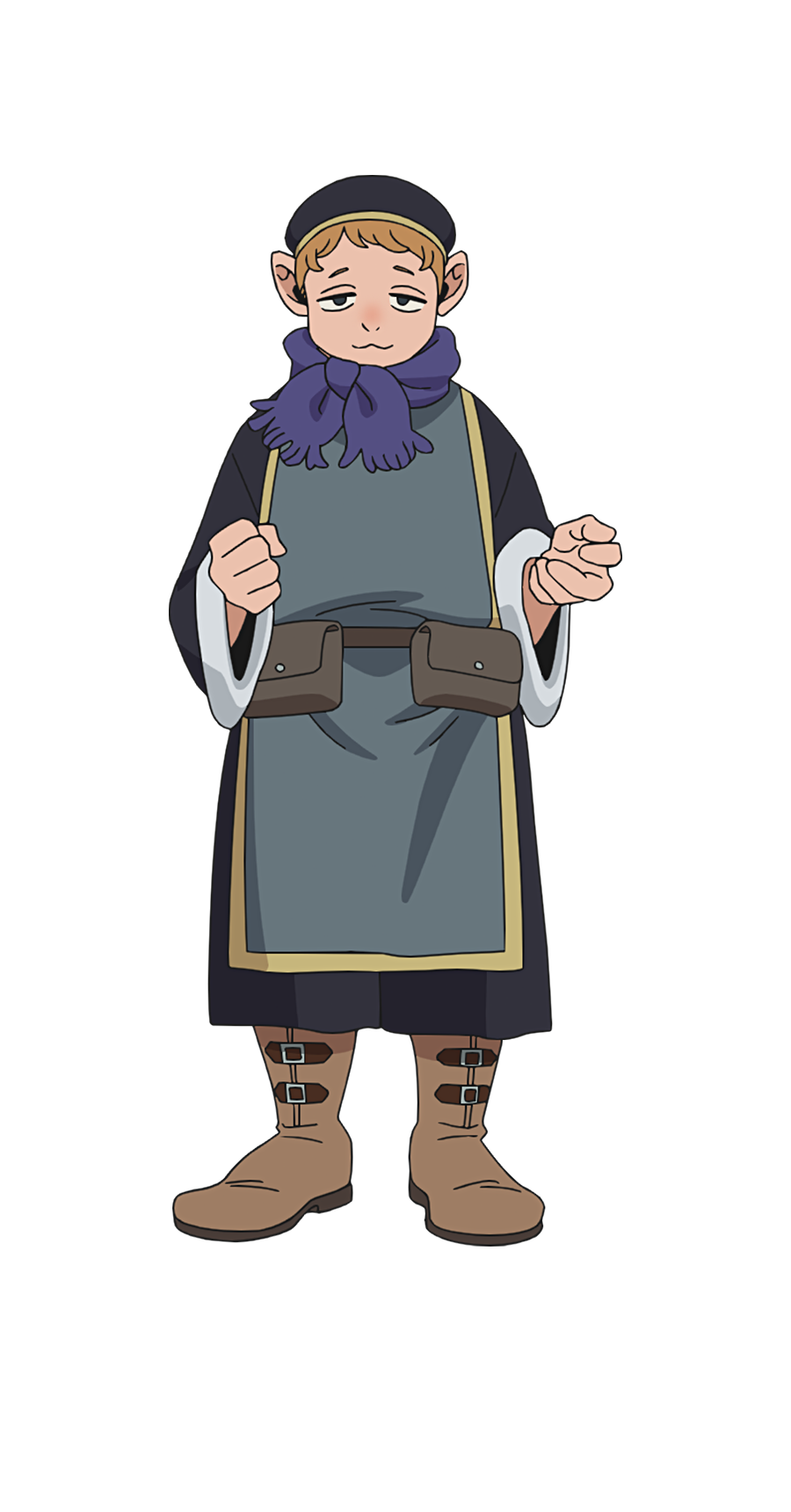 1boy belt belt_pouch black_eyes black_robe blue_scarf boots brown_belt brown_footwear brown_hair clenched_hand dungeon_meshi full_body gnome half-closed_eyes highres holm_kranom large_ears long_sleeves looking_at_viewer official_art pouch robe scarf short_hair simple_background solo tachi-e transparent_background