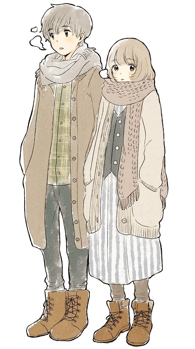 1boy 1girl ankle_boots arms_at_sides bad_id bad_pixiv_id black_eyes black_pants blunt_bangs blush boots breath brown_coat brown_eyes brown_footwear brown_hair brown_scarf buttons cardigan closed_mouth coat couple cross-laced_footwear dot_nose enpera expressionless fringe_trim full_body hands_in_pockets itunohika jacket lace-up_boots light_brown_hair long_skirt long_sleeves looking_at_viewer looking_to_the_side open_clothes open_coat original pants parted_lips plaid plaid_scarf scarf shirt shoelaces short_hair simple_background skirt smile standing striped_clothes tareme unbuttoned vertical-striped_clothes vest white_background white_skirt winter_clothes