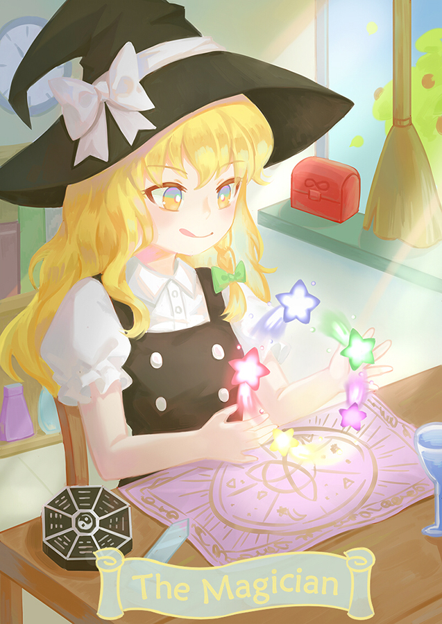 1girl :q black_headwear blonde_hair bookshelf braid bright_pupils broom clock closed_mouth commentary glasses hat indoors kirisame_marisa mini-hakkero shorts side_braid single_braid solo star_(symbol) tarot tongue tongue_out touhou vikramjoti white_pupils witch_hat yellow_eyes