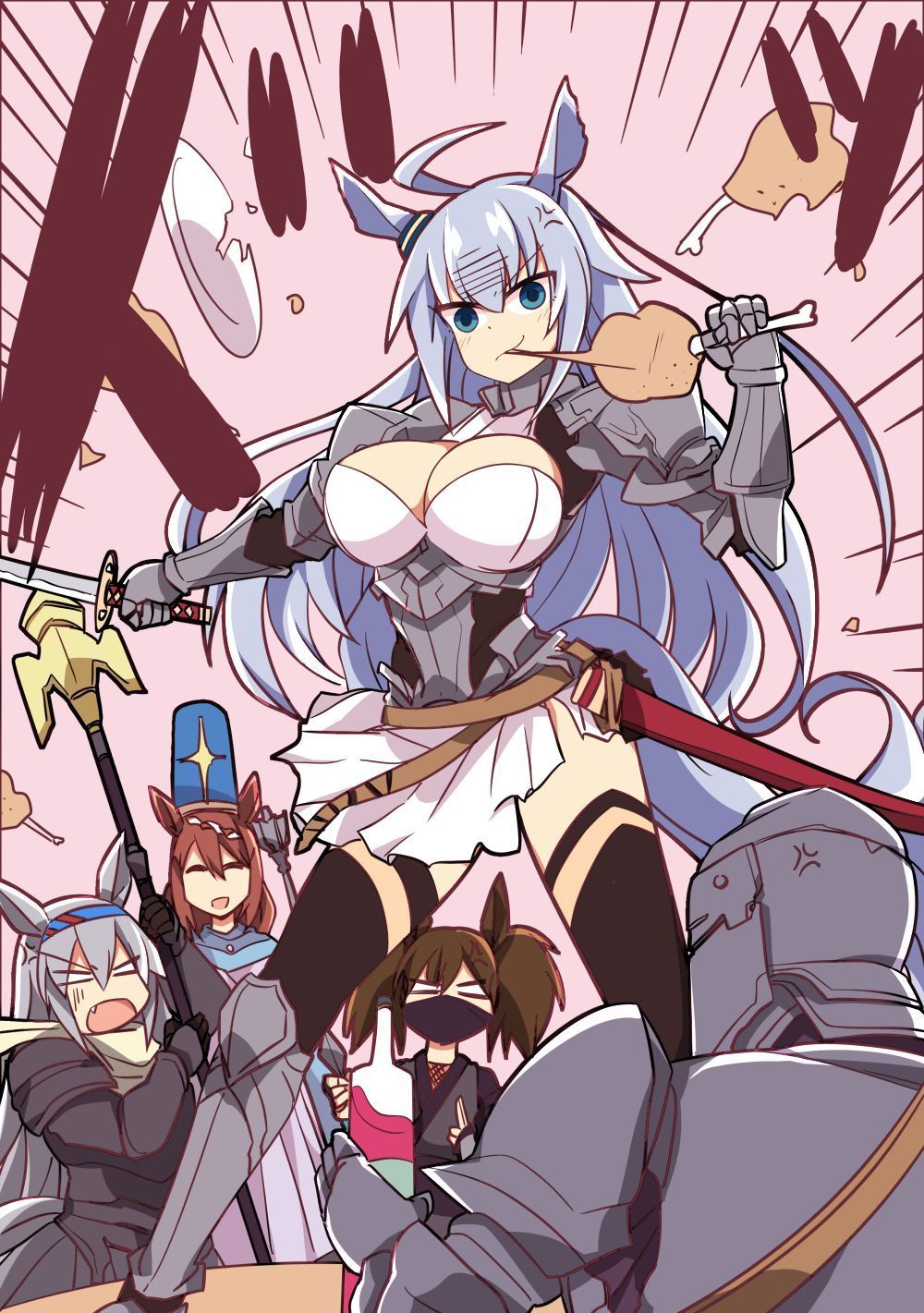 1boy 4girls ahoge alternate_costume anger_vein armor black_thighhighs blue_eyes blue_headwear blush bone breasts broken_plate brown_hair cleavage closed_eyes closed_mouth commentary_request ear_covers ear_ornament eating emphasis_lines fang feet_out_of_frame food grey_hair hat highres holding holding_food holding_staff holding_sword holding_weapon horse_girl inari_one_(umamusume) knight large_breasts long_hair mask meat mouth_mask multicolored_hair multiple_girls oguri_cap_(umamusume) plate sheath simple_background skirt smile staff streaked_hair super_creek_(umamusume) sword tamamo_cross_(umamusume) thighhighs twintails umamusume wahiko_(black_bastard) weapon white_hair white_skirt