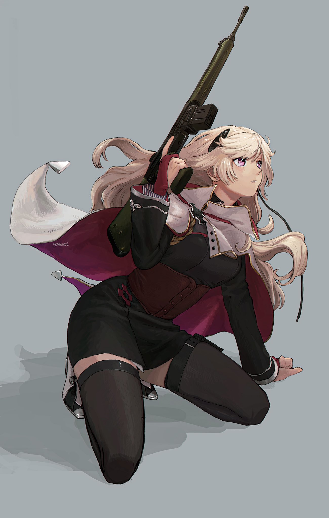 1girl 5kpgte arm_support battle_rifle blonde_hair cape commentary corset full_body g3_(girls_frontline) girls_frontline gun h&amp;k_g3 hair_ornament highres holding holding_weapon kneeling long_hair long_sleeves looking_up mod3_(girls_frontline) pink_eyes rifle skirt solo thighhighs trigger_discipline weapon