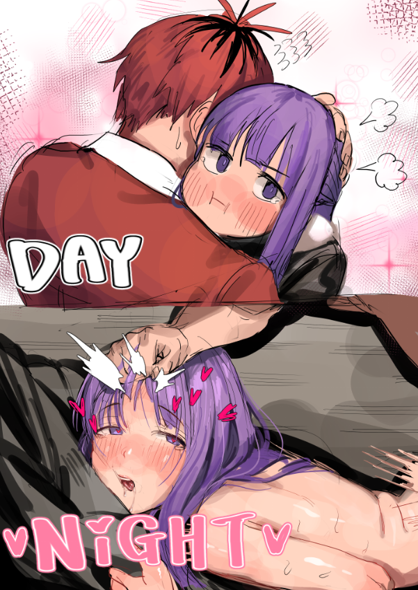 1boy 1girl :i blush commentary day_and_night english_text fern_(sousou_no_frieren) flying_sweatdrops grabbing_another's_hair headpat heart heart-shaped_pupils hetero hug implied_sex meme multicolored_hair nose_blush pout puff_of_air purple_hair red_hair roots_(hair) sake_(vzty5527) saliva_drip sex sex_from_behind sideways_glance sousou_no_frieren stark_(sousou_no_frieren) sweat symbol-shaped_pupils tears