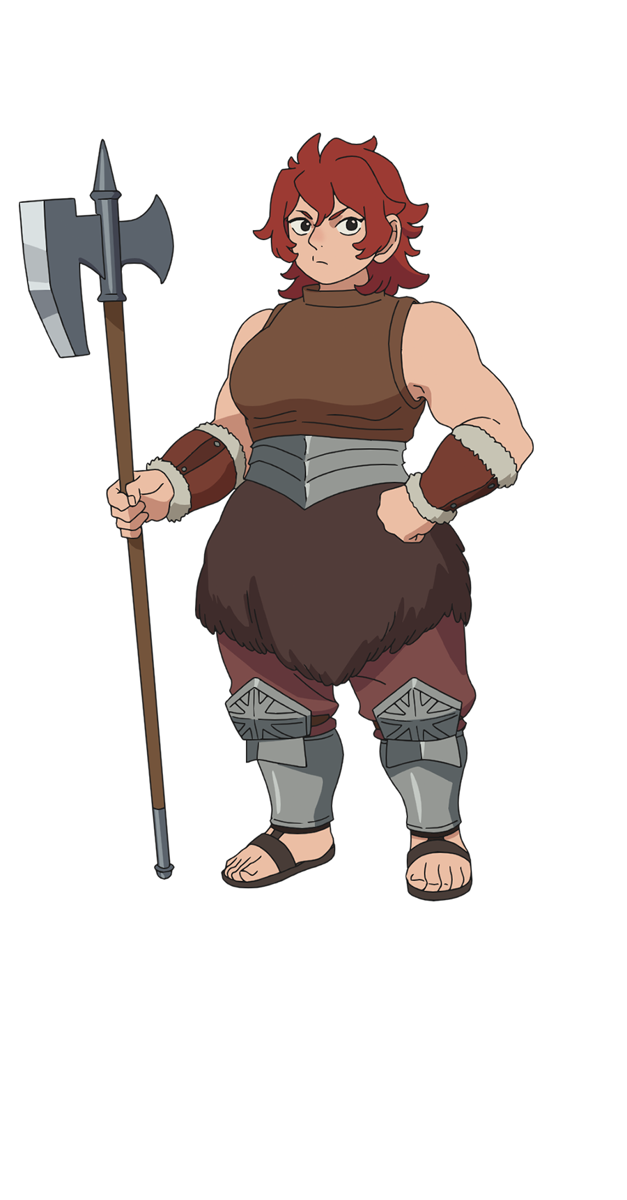 1girl arm_guards armor axe bare_shoulders dungeon_meshi dwarf full_body fur_trim hand_on_own_hip highres holding holding_axe leather_armor looking_at_viewer medium_hair muscular muscular_female namari_(dungeon_meshi) official_art pelt red_hair sandals simple_background solo tachi-e transparent_background
