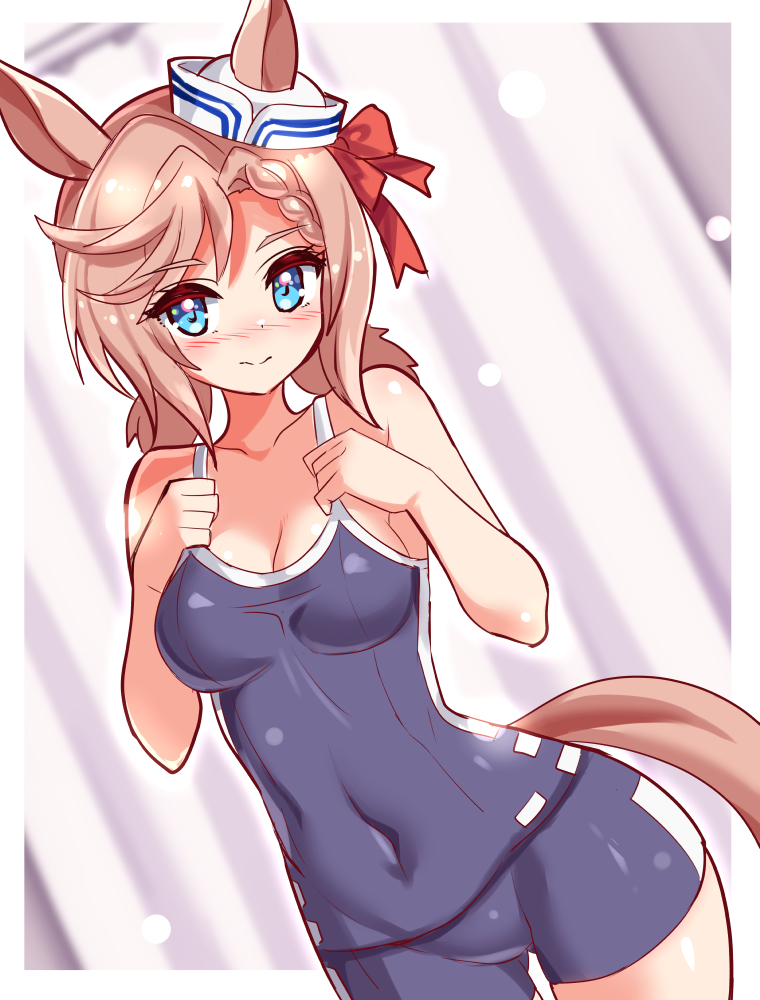 1girl animal_ears blue_eyes blue_one-piece_swimsuit blush braid braided_bangs closed_mouth commentary commission cougar_(cougar1404) covered_navel cowboy_shot dixie_cup_hat dutch_angle ears_through_headwear hair_ribbon hat horse_ears horse_girl horse_tail light_brown_hair light_frown looking_at_viewer medium_hair military_hat one-piece_swimsuit red_ribbon ribbon skeb_commission solo standing swimsuit tail tracen_swimsuit umamusume venus_paques_(umamusume) white_headwear