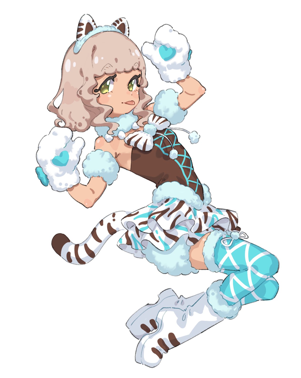1girl :p animal_ear_hairband animal_ears animal_hands animal_print blue_thighhighs boots bow breasts brown_hair brown_shirt cat_ear_hairband cat_ears dark-skinned_female dark_skin detached_sleeves fake_animal_ears fugota6509 full_body fur-trimmed_boots fur-trimmed_thighhighs fur_collar fur_trim gloves hairband hands_up highres idol_clothes looking_at_viewer paw_gloves pom_pom_(clothes) pretty_series pripara shirt short_hair simple_background skirt small_breasts smile solo tail taiyo_pepper thighhighs tiger_print tongue tongue_out white_background white_bow white_footwear white_skirt