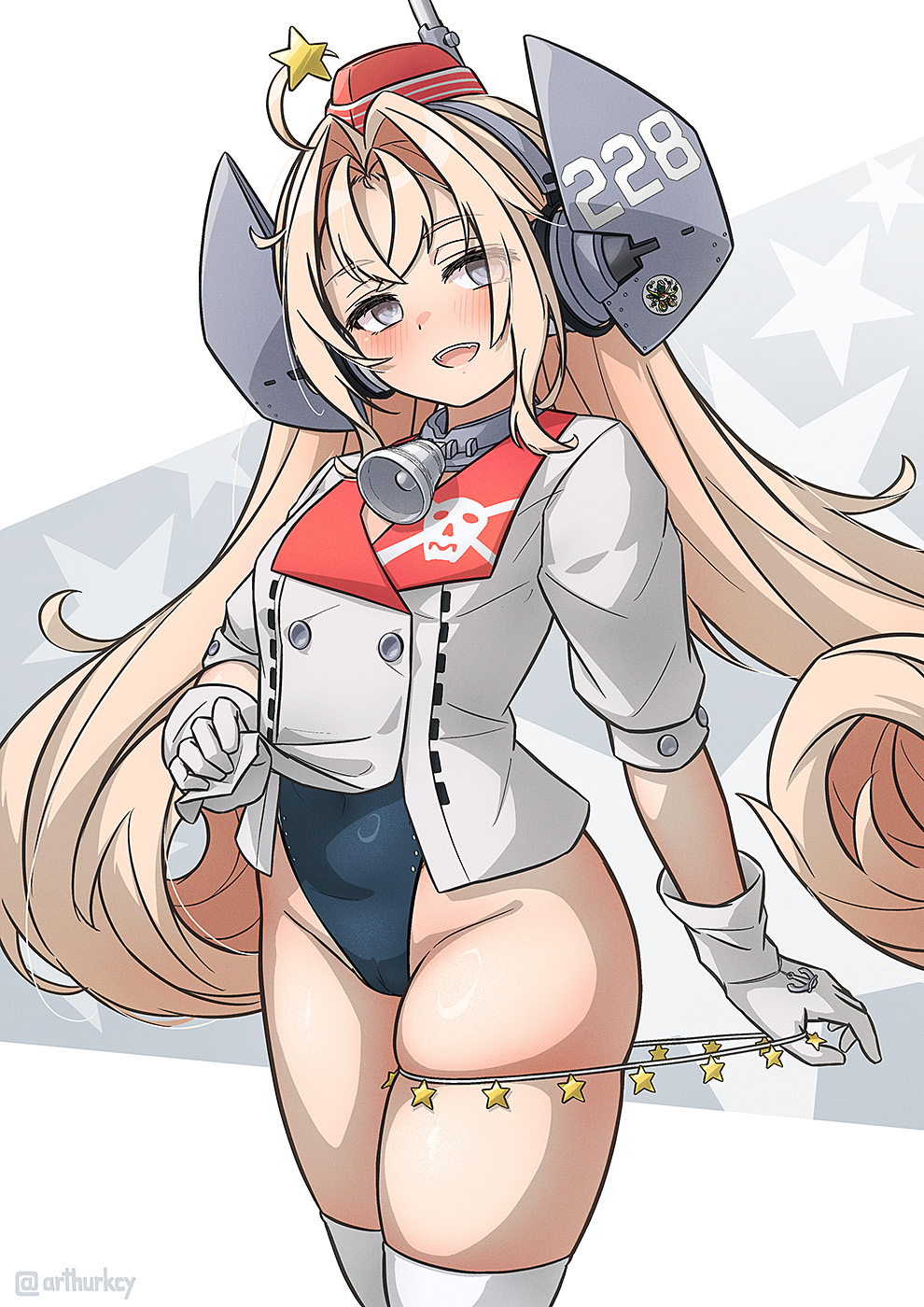 1girl arthur_ko bell bikini bikini_under_clothes black_one-piece_swimsuit blonde_hair coat competition_swimsuit drum_(kancolle) garrison_cap gloves grey_eyes hair_ornament hat headgear highleg highres kantai_collection long_hair one-piece_swimsuit open_mouth parted_bangs smile solo star_(symbol) star_hair_ornament swimsuit swimsuit_under_clothes thighs very_long_hair white_coat white_gloves