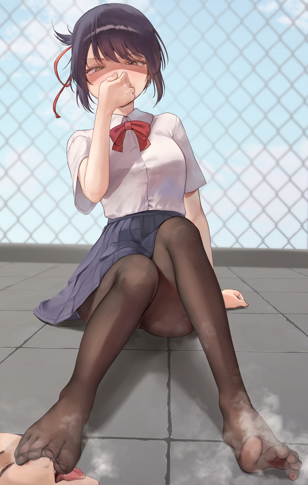 1boy 1girl black_hair blue_skirt bow bowtie brown_eyes brown_pantyhose commission day dorsiflexion eyelashes feet full_body hand_up high-waist_skirt highres kimi_no_na_wa. knees_up legs licking licking_foot looking_at_viewer miniskirt miyamizu_mitsuha on_ground out_of_frame outdoors pantyhose pleated_skirt red_bow red_bowtie rryiup school_uniform see-through see-through_legwear shaded_face shadow shirt short_sleeves sidelocks sitting skirt smell steaming_body toenails toes tongue tongue_out white_shirt