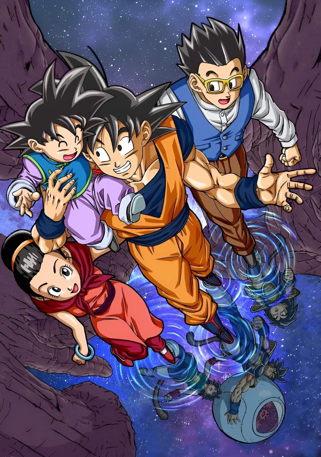 2girls 5boys bardock black_eyes black_hair blue_vest boots bracelet brown_pants carrying chi-chi_(dragon_ball) closed_eyes commentary different_reflection dougi dragon_ball dragon_ball_z dress english_commentary family from_above full_body gine glasses grin hair_bun hair_pulled_back hair_slicked_back highres jewelry medium_hair monkey_tail multiple_boys multiple_girls neckerchief open_mouth orange_pants pants raditz red_dress red_footwear red_neckerchief reflection ripples shirt short_hair sky smile son_gohan son_goku son_goten spiked_hair standing star_(sky) starry_sky sweatband tail toriyama_akira vest water white_shirt yellow-framed_eyewear