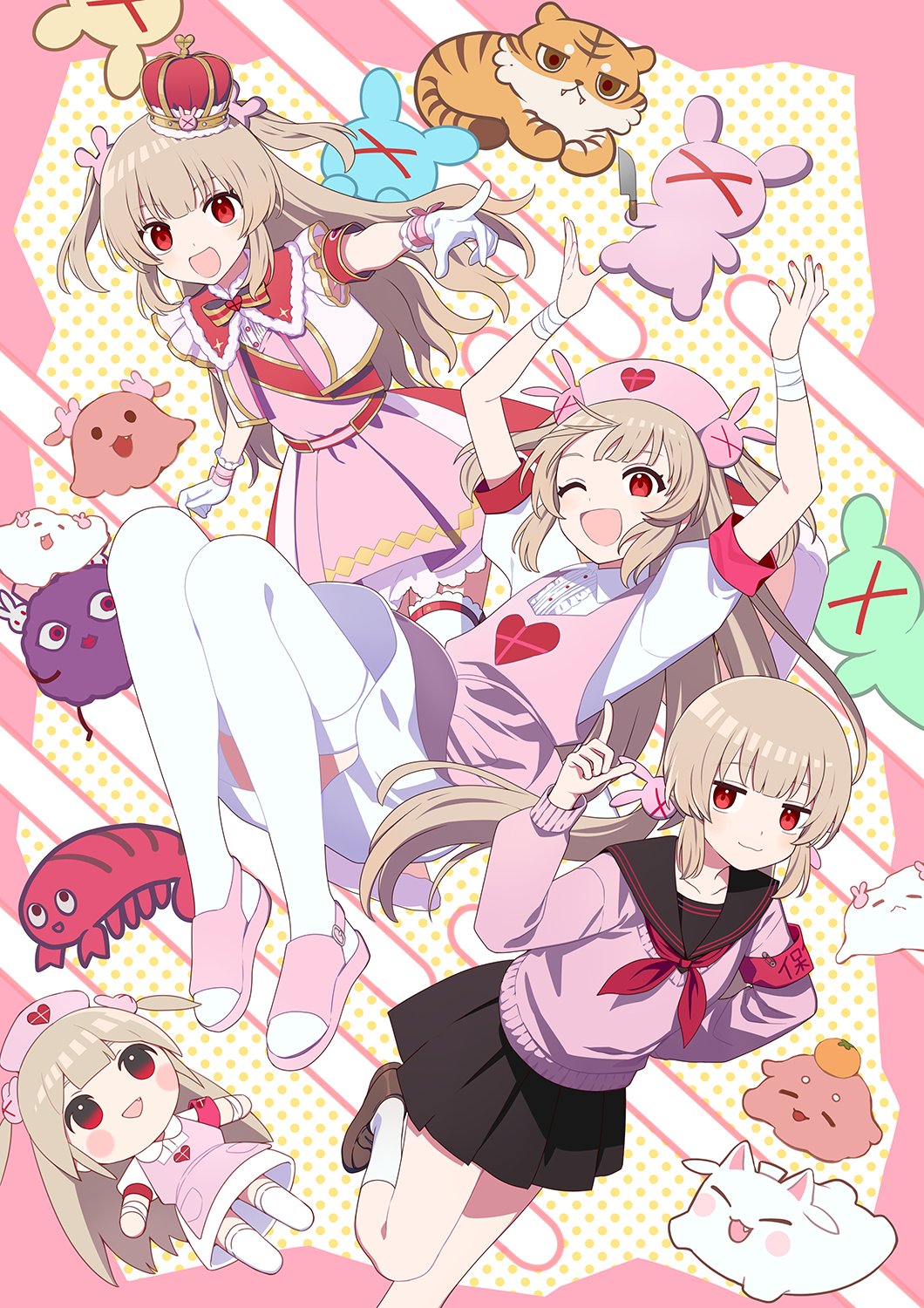 3girls animal_ears arm_up arms_up bandaged_wrist bandages belt black_shirt black_skirt blush border bow bowtie brown_footwear buttons cat_ears character_doll closed_mouth collared_dress collared_shirt crown dress fingernails food fruit fucodoku gloves hair_between_eyes hair_ornament hat heart heart_print highres index_finger_raised leg_up light_brown_hair long_hair long_sleeves looking_at_viewer mandarin_orange mini_crown multiple_girls multiple_persona nail_polish natori_sana neckerchief nurse_cap one_eye_closed open_mouth outside_border pink_border pink_dress pink_footwear pink_headwear pink_sweater pleated_skirt pointing polka_dot polka_dot_background puffy_long_sleeves puffy_short_sleeves puffy_sleeves rabbit_hair_ornament red_belt red_eyes red_nails red_neckerchief red_sash sailor_collar sana_channel sandals sash shirt shoes short_sleeves sidelocks skirt smile socks sparkle_print standing standing_on_one_leg striped_bow striped_bowtie striped_clothes sweater thighhighs two_side_up white_background white_gloves white_shirt white_socks white_thighhighs yellow_bow yellow_bowtie