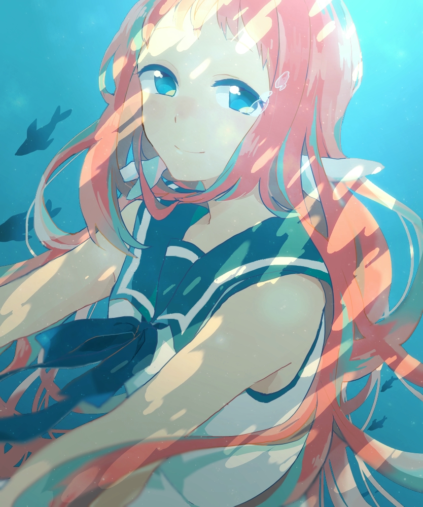 blue_eyes feathers fish long_hair misyunn1219 mukaido_manaka nagi_no_asukara nami_junior_high_school_uniform ribbon school_uniform tears underwater underwear white_feathers