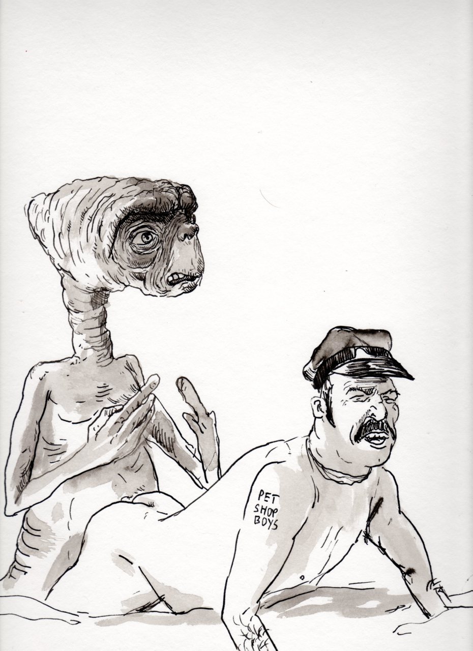 alien anal anal_penetration clothing duo e.t. e.t._the_extra-terrestrial facial_hair from_behind_position hat headgear headwear hi_res human male male/male mammal mustache nipples nude penetration police police_officer sex unknown_artist