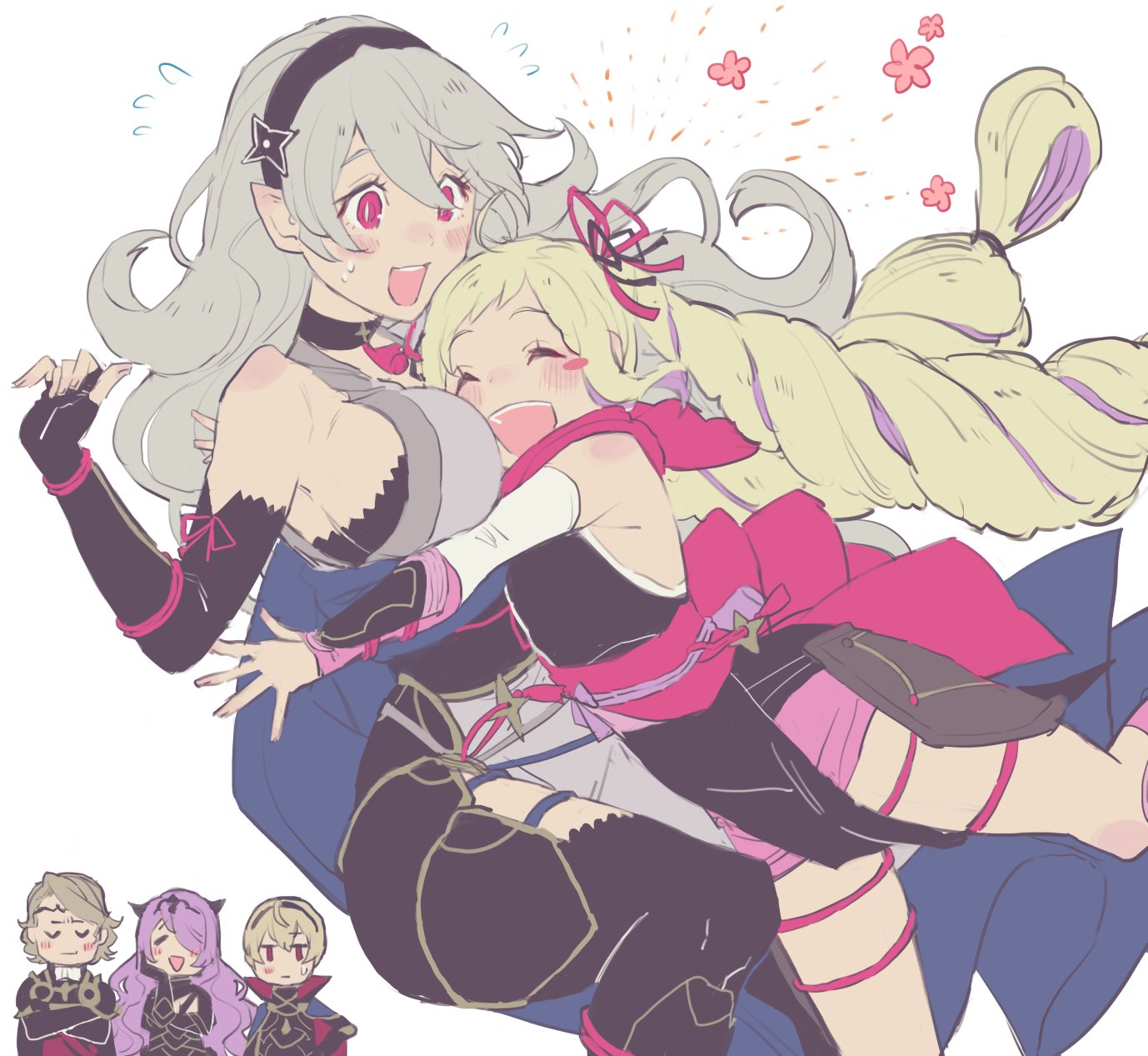 2boys 3girls aisutabetao armored_leotard blonde_hair camilla_(fire_emblem) corrin_(female)_(fire_emblem) corrin_(female)_(ninja)_(fire_emblem) corrin_(fire_emblem) elise_(fire_emblem) elise_(ninja)_(fire_emblem) fire_emblem fire_emblem_fates fire_emblem_heroes grey_hair highres hug leo_(fire_emblem) multiple_boys multiple_girls ninja official_alternate_costume purple_hair purple_rope rope shin_guards shuriken_hair_ornament xander_(fire_emblem)