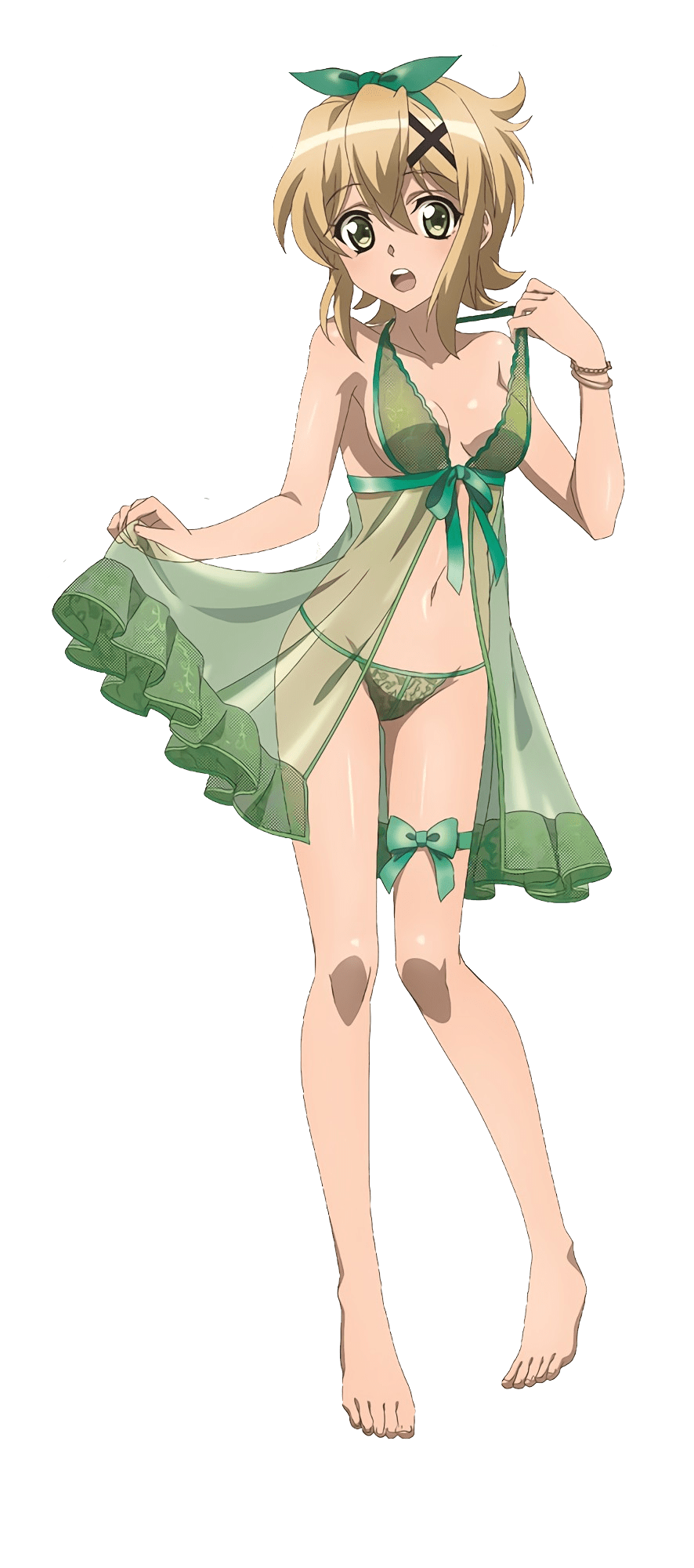 1girl akatsuki_kirika artist_request blonde_hair blush breasts cleavage full_body green_eyes green_panties hair_ornament hair_ribbon highres lingerie looking_at_viewer medium_breasts navel negligee no_bra official_art open_mouth panties ribbon senki_zesshou_symphogear short_hair simple_background solo source_request underwear x_hair_ornament