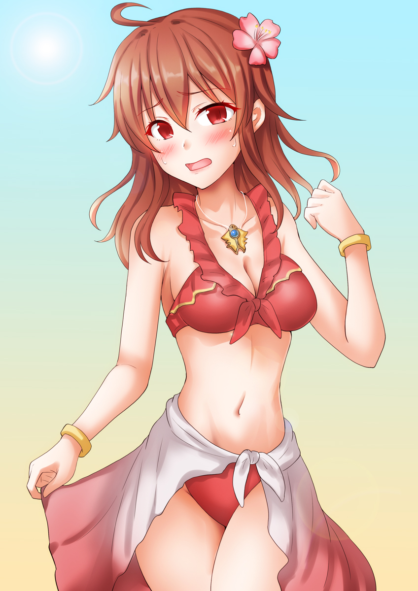 1girl ahoge anti_(untea9) arashi_(kancolle) bikini blush bracelet breasts collarbone frilled_bikini frills gradient_background highres jewelry kantai_collection long_hair looking_at_viewer medium_breasts messy_hair navel necklace open_mouth red_bikini red_hair red_sarong sarong smile solo swimsuit yellow_background