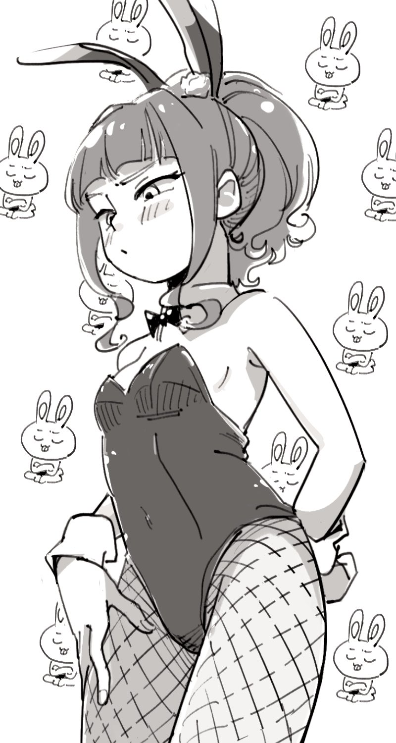 1girl alternate_costume animal_ears arm_behind_back blunt_bangs blush bow bowtie breasts covered_navel cowboy_shot detached_collar embarrassed fake_animal_ears fishnet_pantyhose fishnets fujii_tomo furrowed_brow greyscale hand_on_own_thigh highres idolmaster idolmaster_cinderella_girls imay3927 leotard looking_down medium_breasts monochrome pantyhose playboy_bunny ponytail rabbit_background rabbit_ears sidelocks solo standing strapless strapless_leotard wrist_cuffs