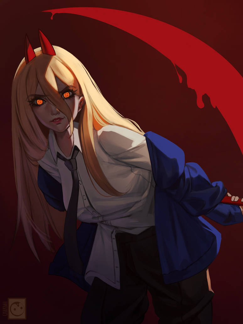 1girl black_necktie black_pants blonde_hair blue_cardigan cardigan chainsaw_man charmiisan collared_shirt cowboy_shot english_commentary eyelashes fangs hair_between_eyes holding holding_scythe holding_weapon horns long_hair looking_at_viewer necktie orange_eyes pants power_(chainsaw_man) red_background red_horns scythe shirt shirt_partially_tucked_in solo weapon