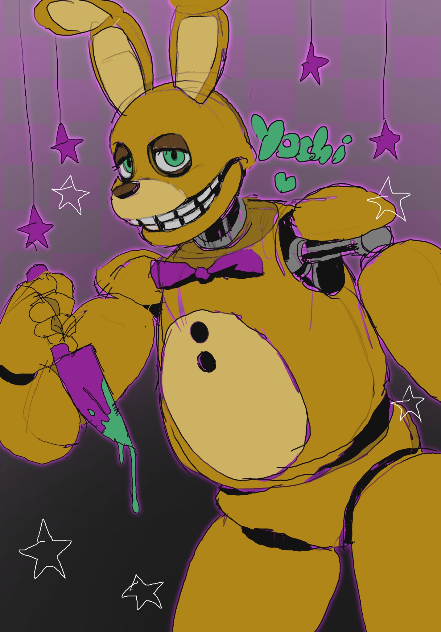 ambiguous_gender animatronic anthro blood bodily_fluids colored_blood dayohiko five_nights_at_freddy's green_blood hi_res knife lagomorph leporid machine mammal rabbit robot scottgames solo spring_bonnie_(fnaf) unusual_blood unusual_bodily_fluids