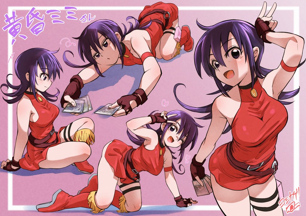 belt boots breasts card choker deck_of_cards dress duel_masters fingerless_gloves gloves large_breasts playing_card purple_hair red_dress red_footwear short_dress smile tasogare_mimi thick_thighs thigh_pouch thighs v wide_hips