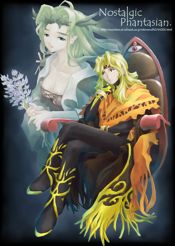 1boy 1girl archived_source blonde_hair breasts cape chair cleavage closed_mouth crossed_legs dhaos_(tales) earrings full_body gloves green_hair headband inagaki_yoshiaki jewelry long_hair martel_(tales) pointy_ears red_eyes sitting tales_of_(series) tales_of_phantasia