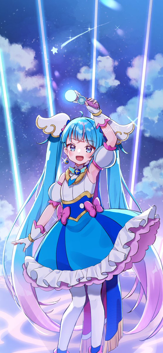 1girl arm_up blue_cape blue_dress blue_eyes blue_hair bow brooch cape cloud cloudy_sky commentary cure_sky cut_bangs detached_sleeves dress dress_bow earrings english_commentary falling_star fingerless_gloves frilled_dress frills fringe_trim gloves highres hirogaru_sky!_precure holding jewelry light_rays long_hair looking_at_viewer magical_girl medium_dress multicolored_hair night open_mouth outdoors pink_hair precure puffy_detached_sleeves puffy_sleeves red_cape shuu_(mniarnoakou) sky sky_mirage sleeveless sleeveless_dress smile solo sora_harewataru standing star_(sky) starry_sky streaked_hair thighhighs twintails twitter_username two-sided_cape two-sided_fabric two-tone_dress very_long_hair white_dress white_thighhighs wing_brooch wing_hair_ornament