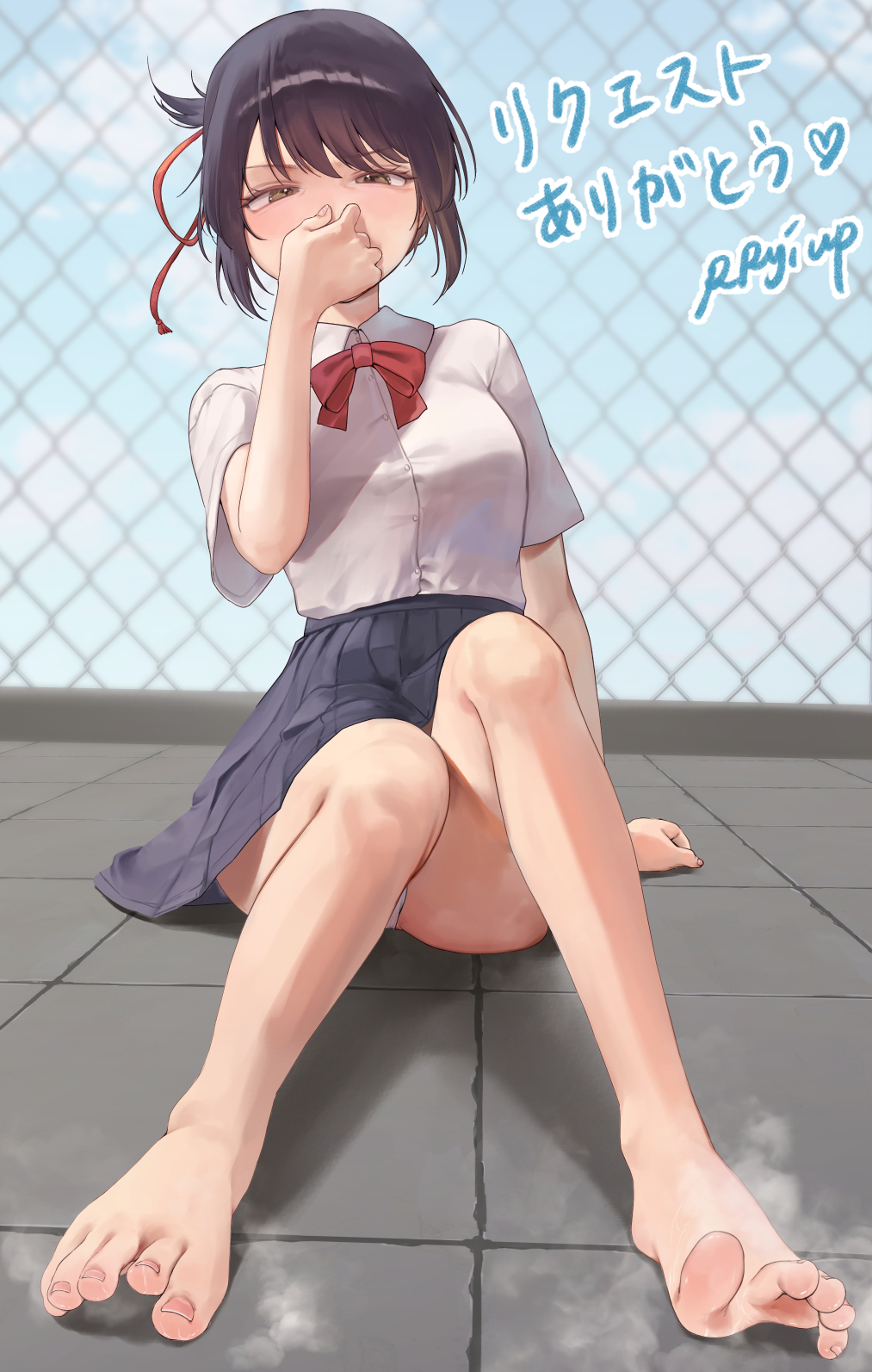 1girl barefoot black_hair blue_skirt bow bowtie brown_eyes commission day dorsiflexion eyelashes feet full_body hand_up high-waist_skirt highres kimi_no_na_wa. knees_up legs licking looking_at_viewer miniskirt miyamizu_mitsuha on_ground outdoors pleated_skirt red_bow red_bowtie rryiup school_uniform shadow shirt short_sleeves sidelocks sitting skirt smell solo steaming_body toenails toes tongue tongue_out white_shirt