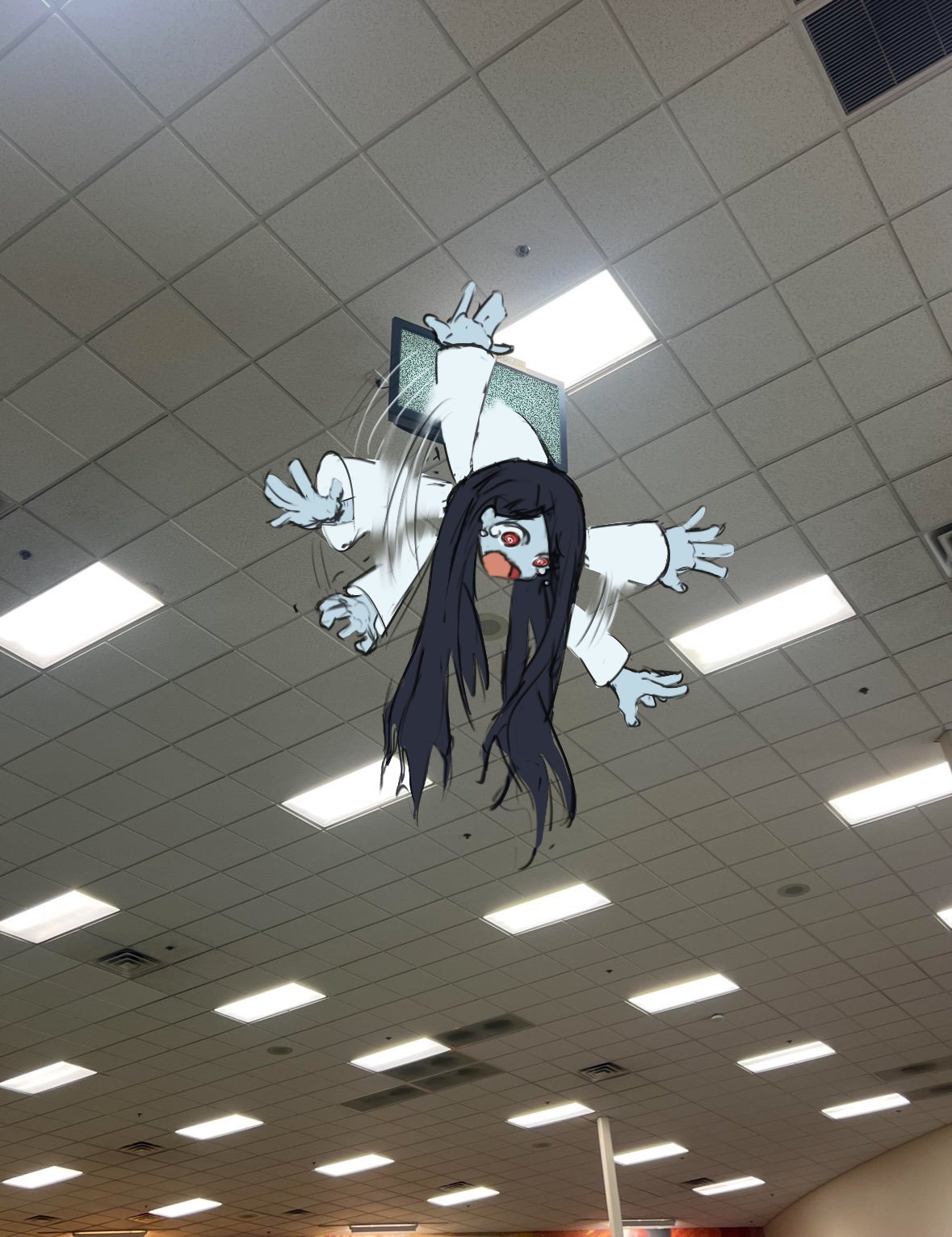 1girl black_hair falling highres long_hair open_mouth photo_background pictsel red_eyes solo straight_hair tearing_up television the_ring through_medium through_screen waving_arms yamamura_sadako