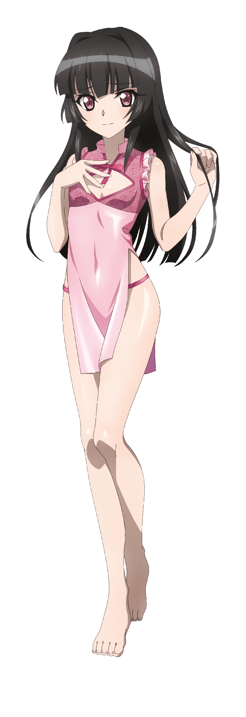 1girl absurdres artist_request bare_shoulders black_hair blush breasts closed_mouth covered_navel full_body highres lingerie long_hair looking_at_viewer negligee official_art pink_eyes senki_zesshou_symphogear simple_background sleeveless small_breasts solo source_request tsukuyomi_shirabe underwear