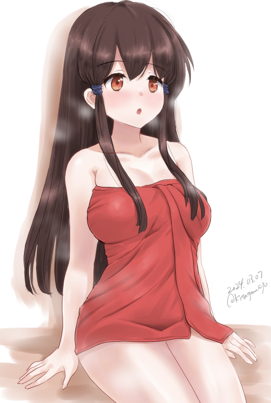 1girl akagi_(kancolle) breasts brown_hair commentary_request kantai_collection kitagawa_mikio large_breasts long_hair naked_towel one-hour_drawing_challenge red_eyes red_towel sitting solo towel white_background