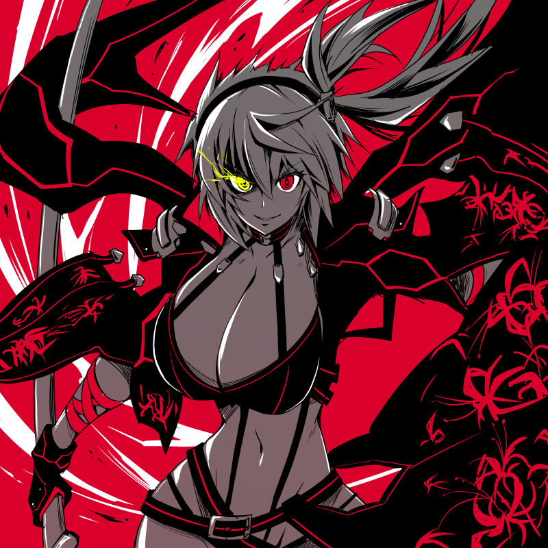 1girl asahi_(fullmetal_madness) black_choker breasts choker cleavage cropped_jacket evil_smile floral_print fuuma_aki glowing glowing_eye hairband heterochromia huge_breasts messy_hair midriff monochrome navel official_art parted_lips red_background red_eyes samurai scabbard sheath smile solo taimanin_(series) taimanin_rpgx unsheathed wind yellow_eyes