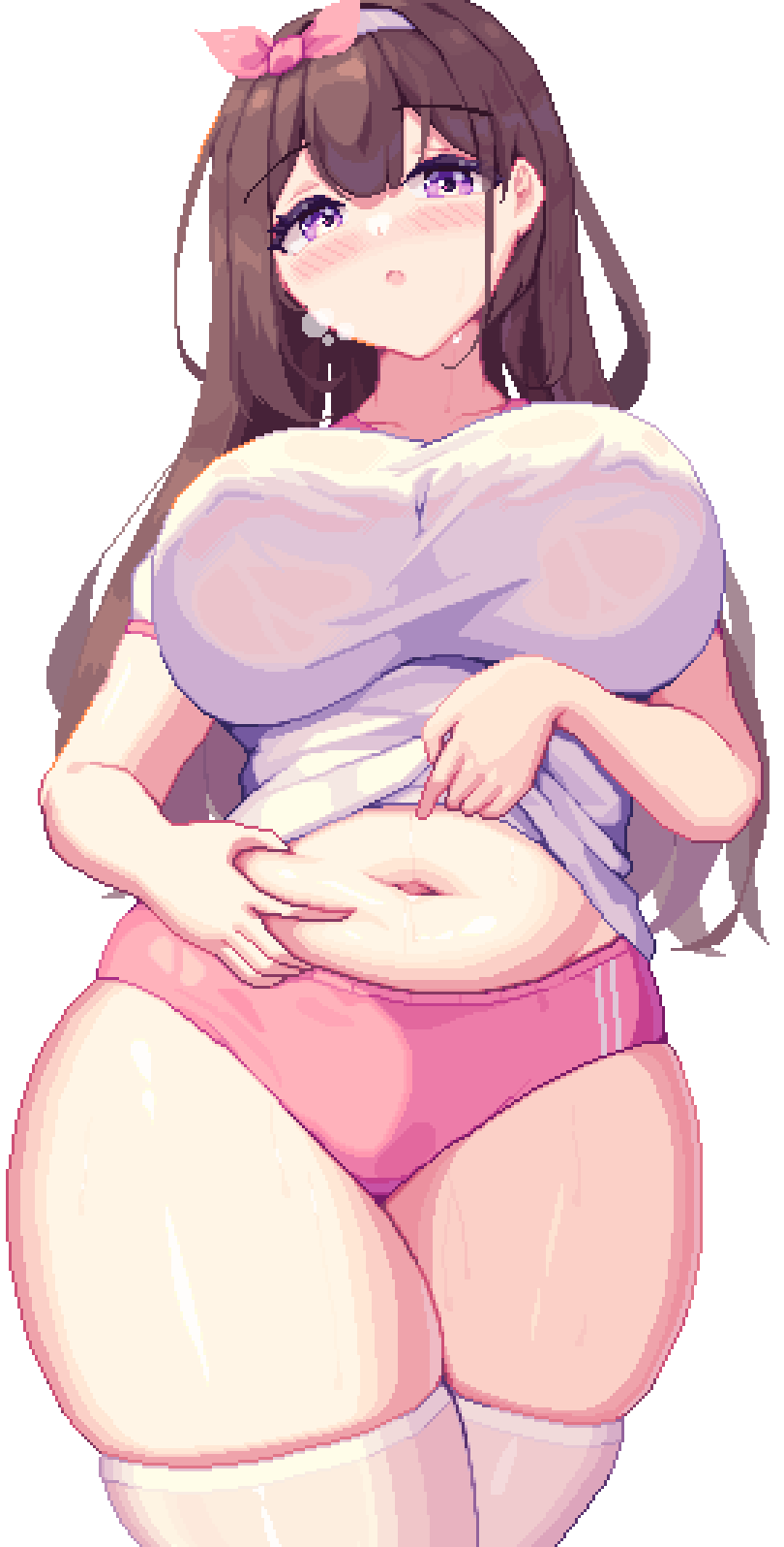 1girl belly_grab blush breasts brown_hair buruma character_request copyright_request covered_nipples gym_shirt gym_uniform highres huge_breasts lifted_by_self long_hair looking_at_viewer midriff piao_mao pink_buruma pixel_art plump purple_eyes shirt solo stomach stomach_day sweat thick_thighs thighhighs thighs white_background