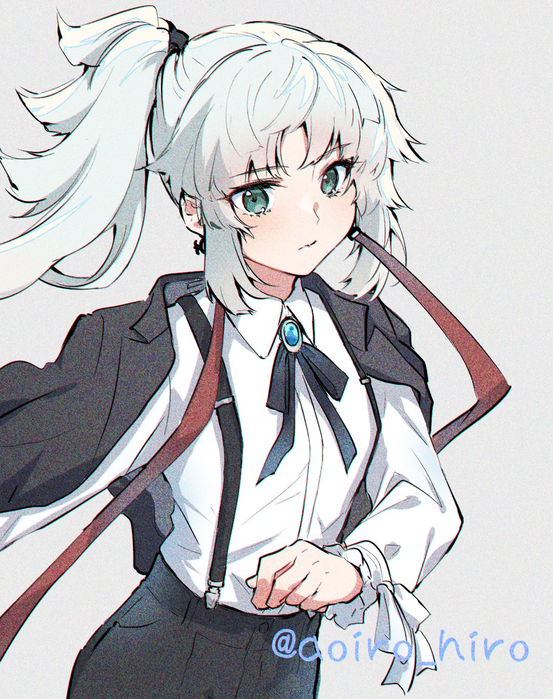 1girl aoiro_hiro aqua_eyes black_ribbon brooch closed_mouth collared_shirt fate/samurai_remnant fate_(series) grey_background highres jacket jacket_on_shoulders jewelry long_hair long_sleeves looking_ahead neck_ribbon ponytail ribbon shirt simple_background solo suspenders twitter_username upper_body white_hair white_shirt yui_shousetsu_(fate)