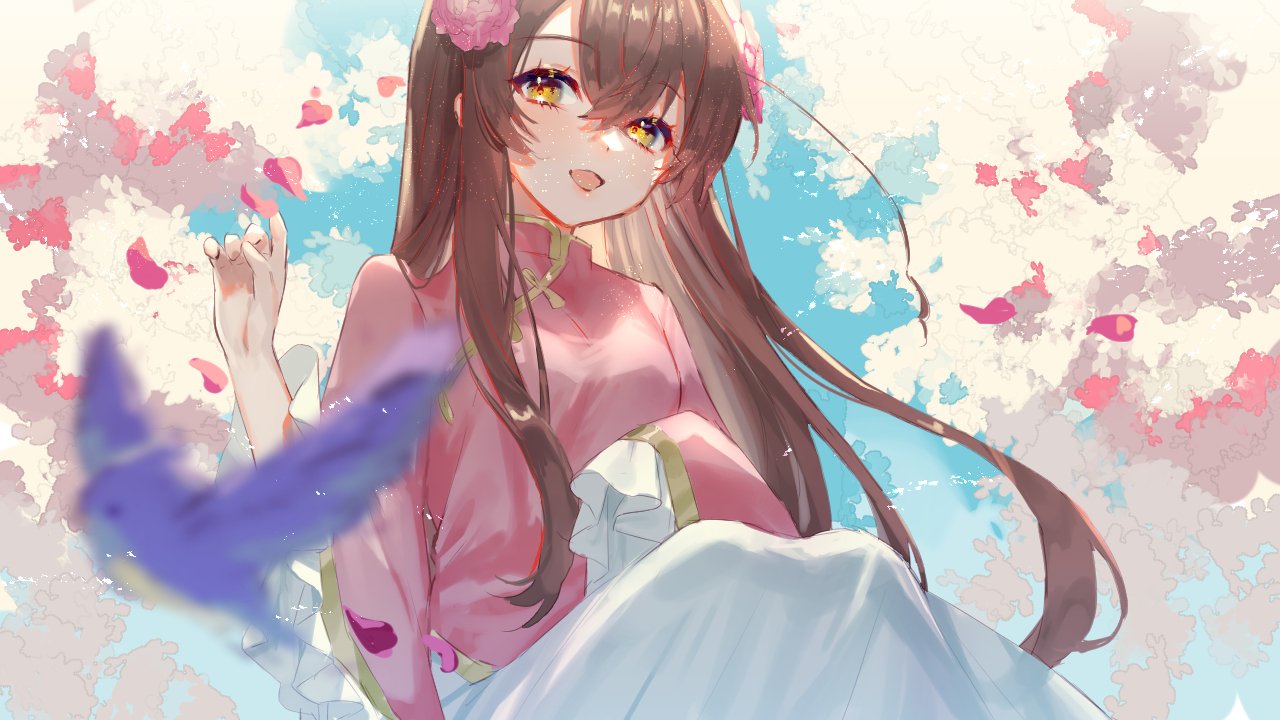 1girl axis_powers_hetalia brown_hair china_dress chinese_clothes dress falling_petals hair_between_eyes hand_up hatake_hukuro long_hair looking_at_viewer open_mouth outdoors petals pink_dress sitting skirt sky smile solo taiwan_(hetalia) white_skirt yellow_eyes